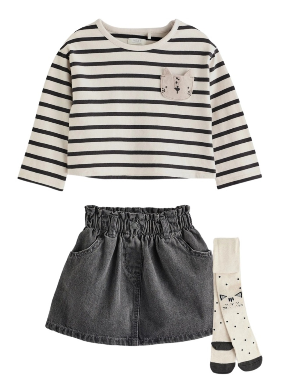 NEXT Long sleeve Kitty shirt & Denim Skirt with Kitty Stockings